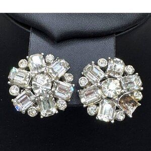 Vintage Claudette Rhinestone Clip-On Earrings Ice Crystal Snowflake Art Deco SEE